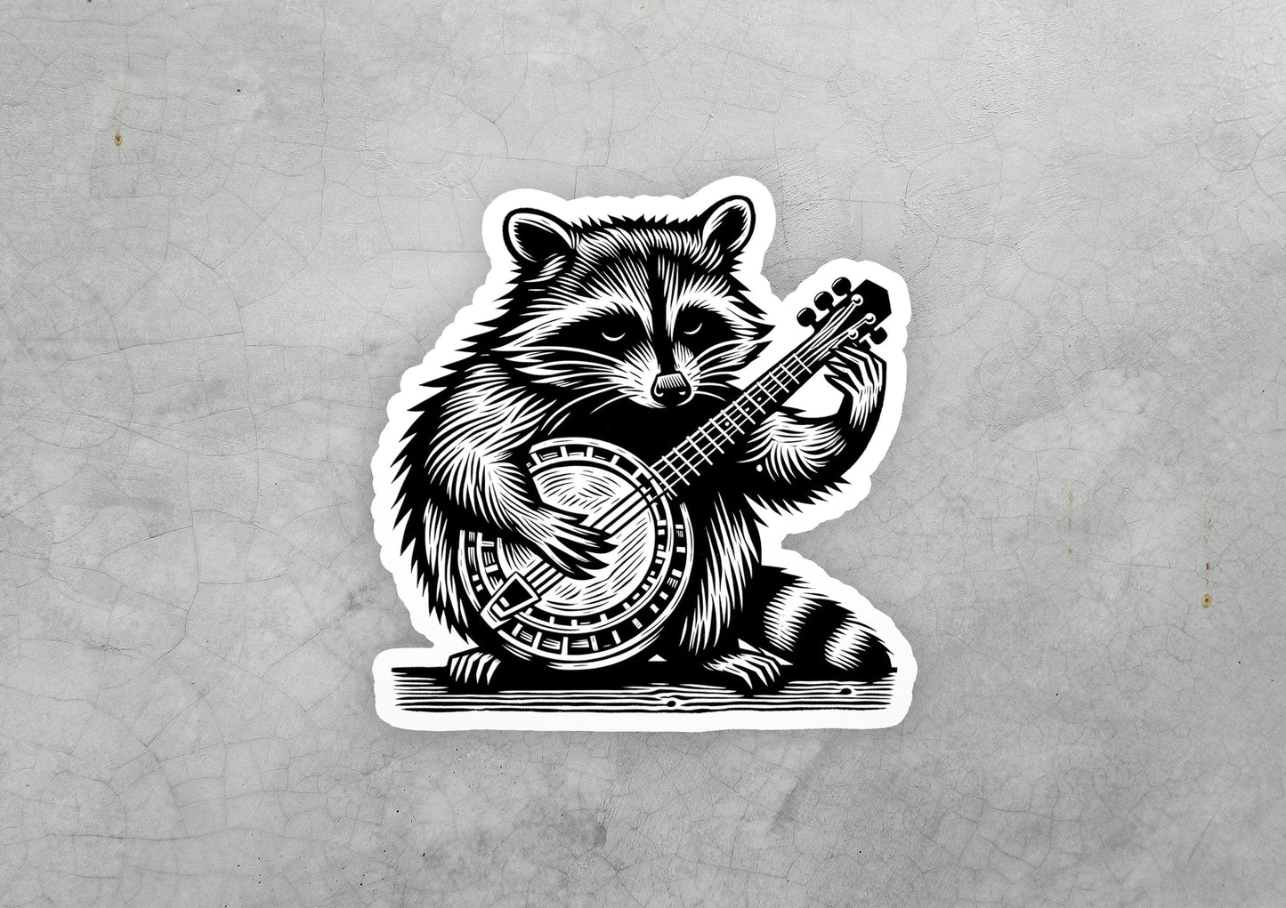 a sticker of a raccoon playing a guitar