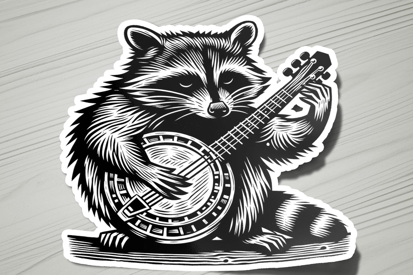 a sticker of a raccoon playing a guitar