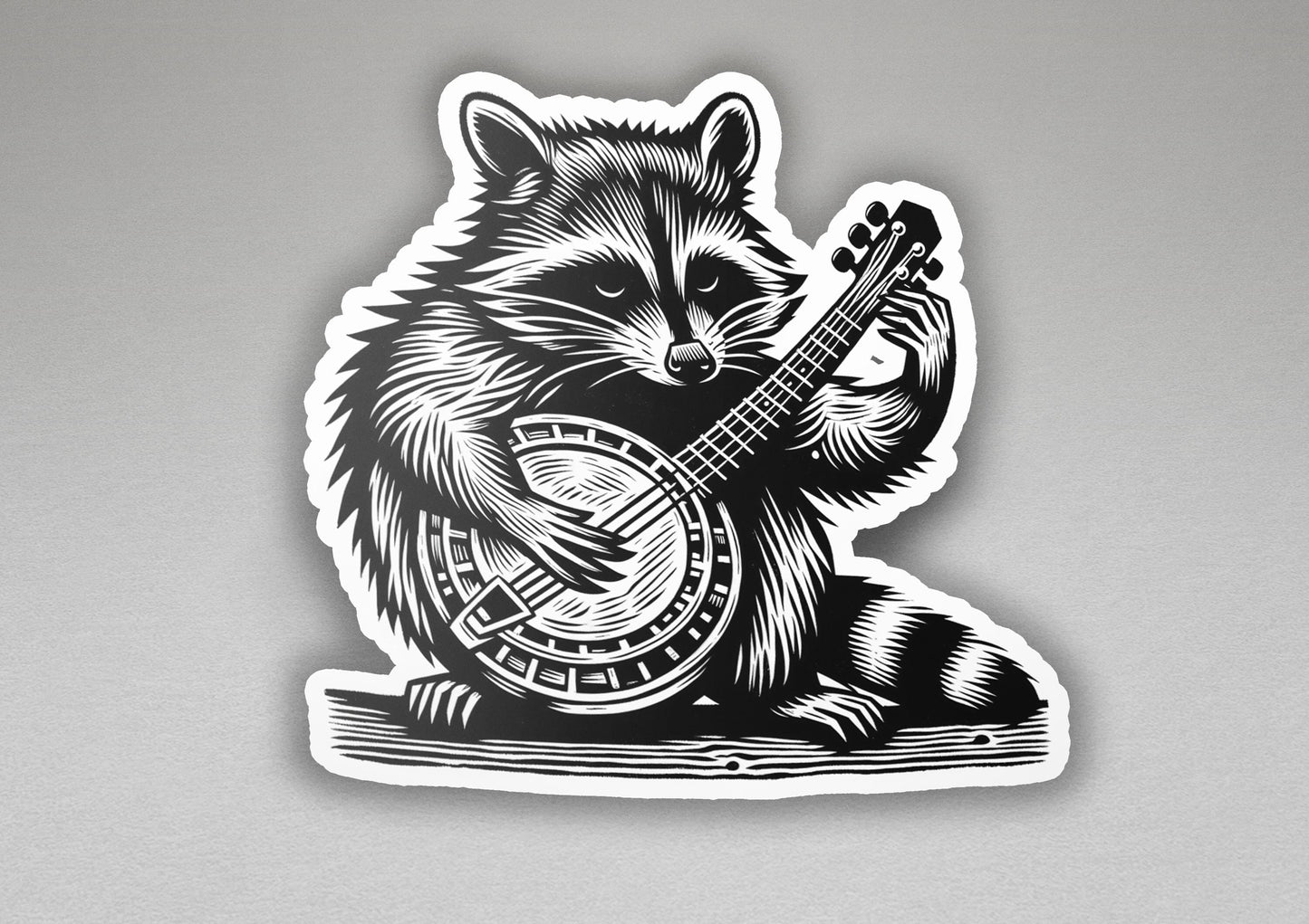 a sticker of a raccoon playing a guitar