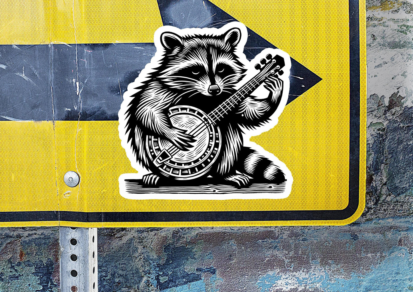 a sticker of a raccoon playing a guitar