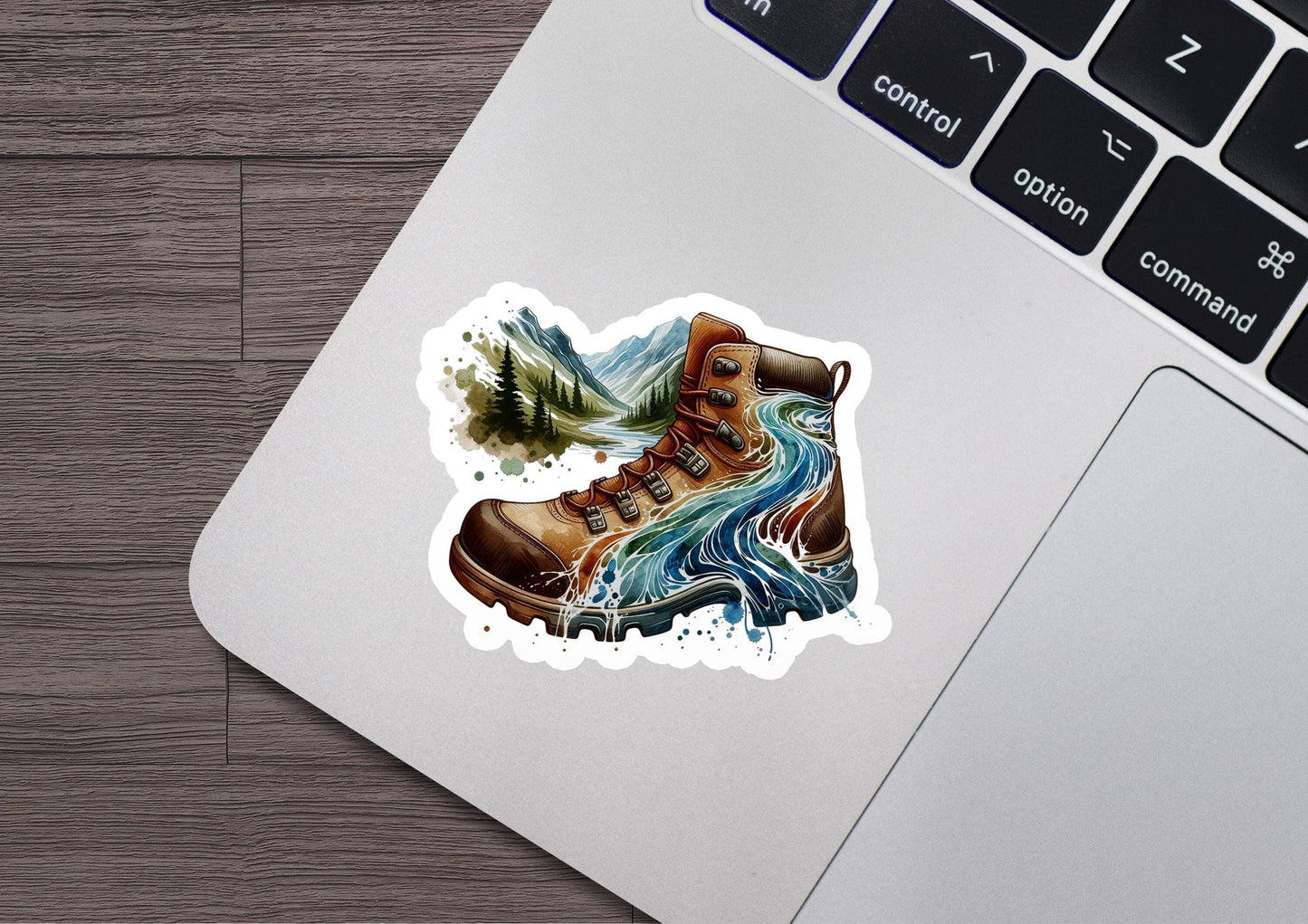 a laptop with a sticker of a pair of hiking boots