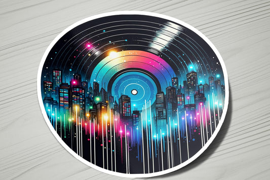 a round sticker with a picture of a city