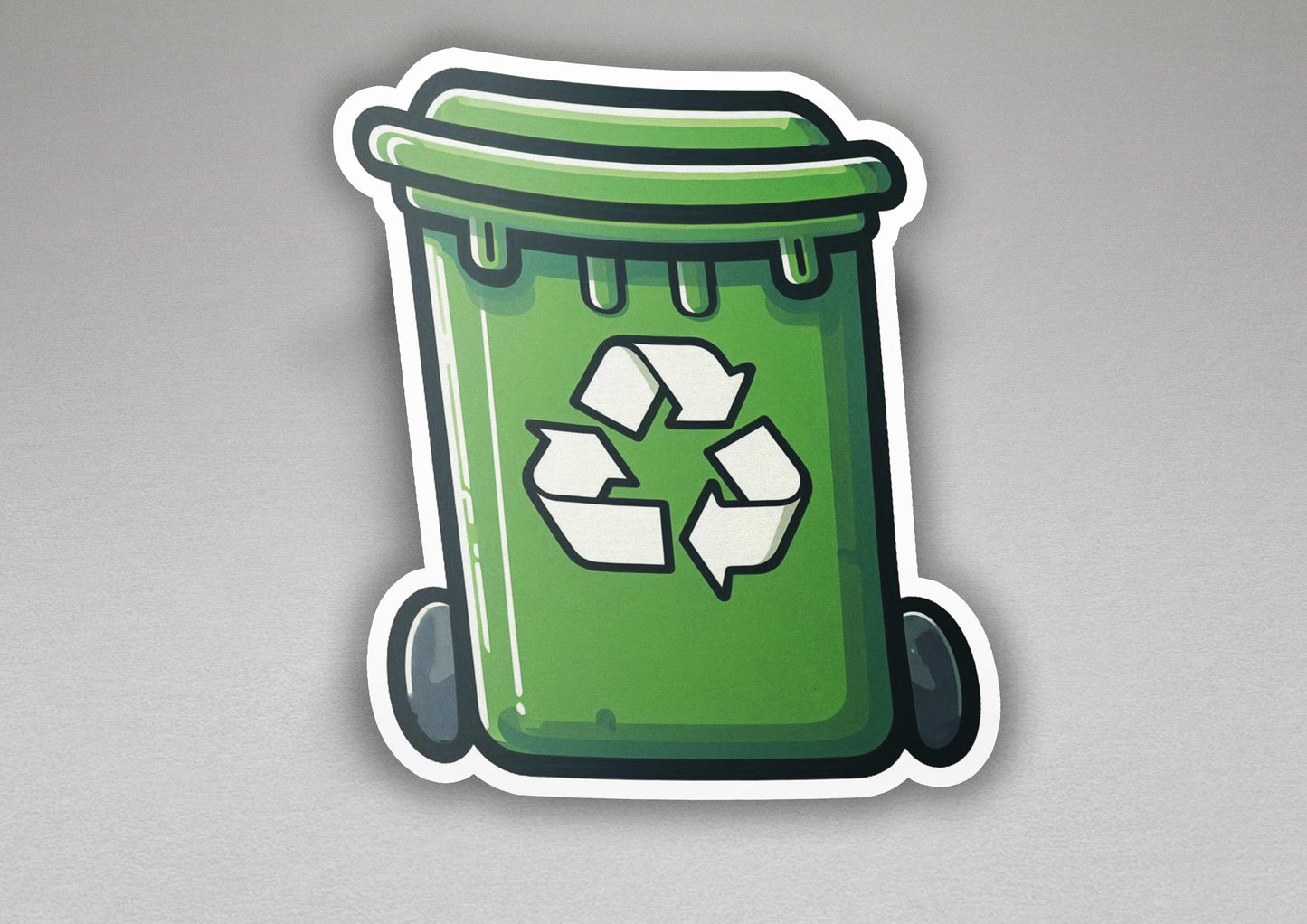 a green trash can with a recycle sticker on it
