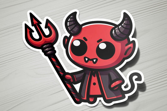 a sticker of a devil with horns holding a pitchfork