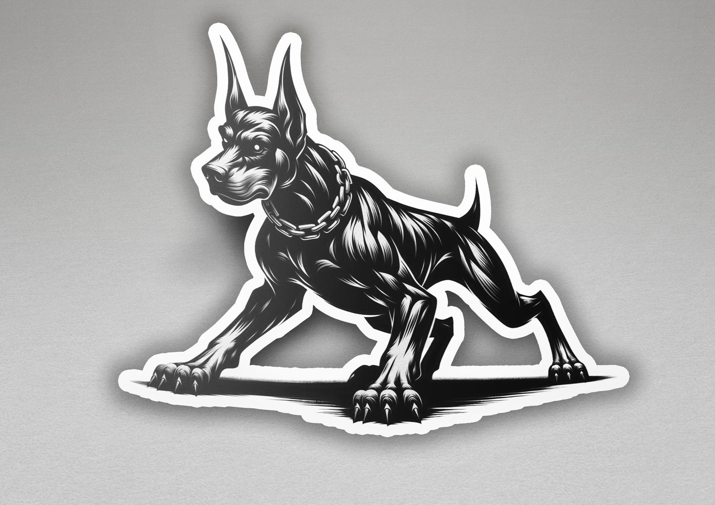a sticker of a dog with a harness on