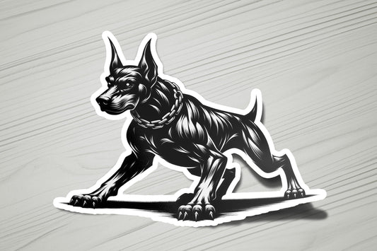 a sticker of a dog on a wooden surface