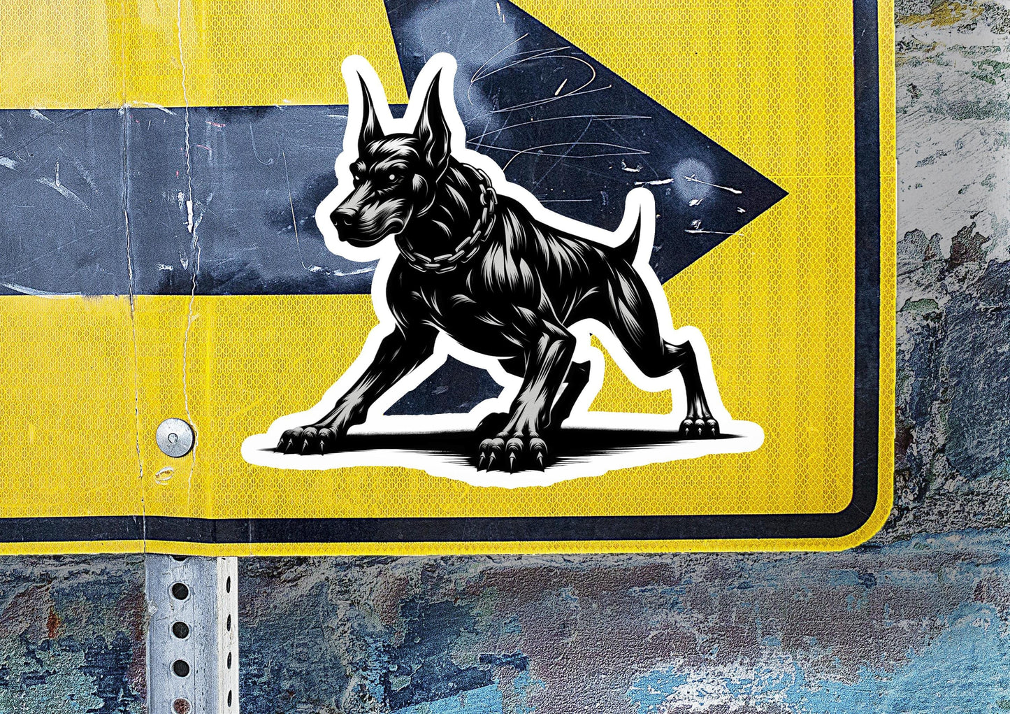 a sticker of a dog on a yellow sign