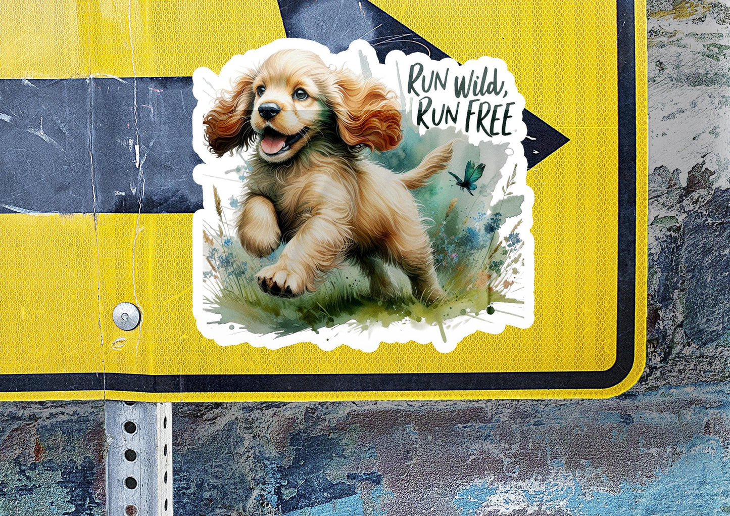 a sticker of a dog running on a street sign