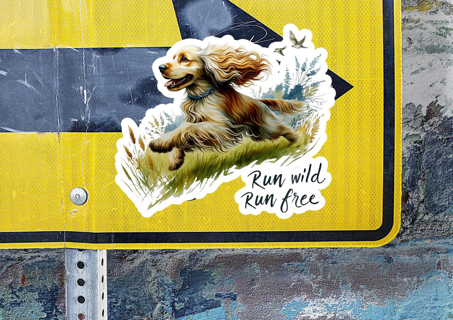 a sticker of a dog running on a road