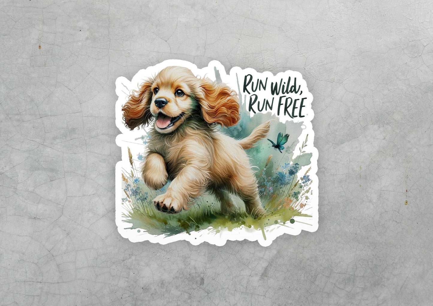 a sticker of a puppy running with a butterfly
