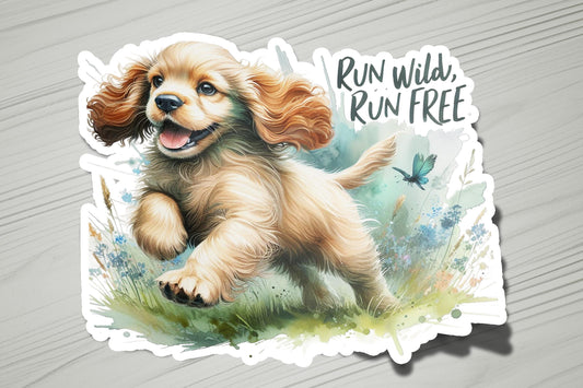 a sticker of a dog running with a butterfly on it