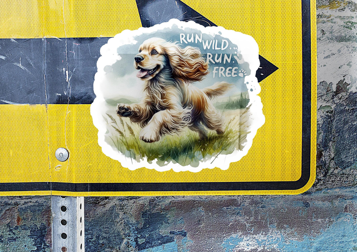 a sticker of a dog running across a street