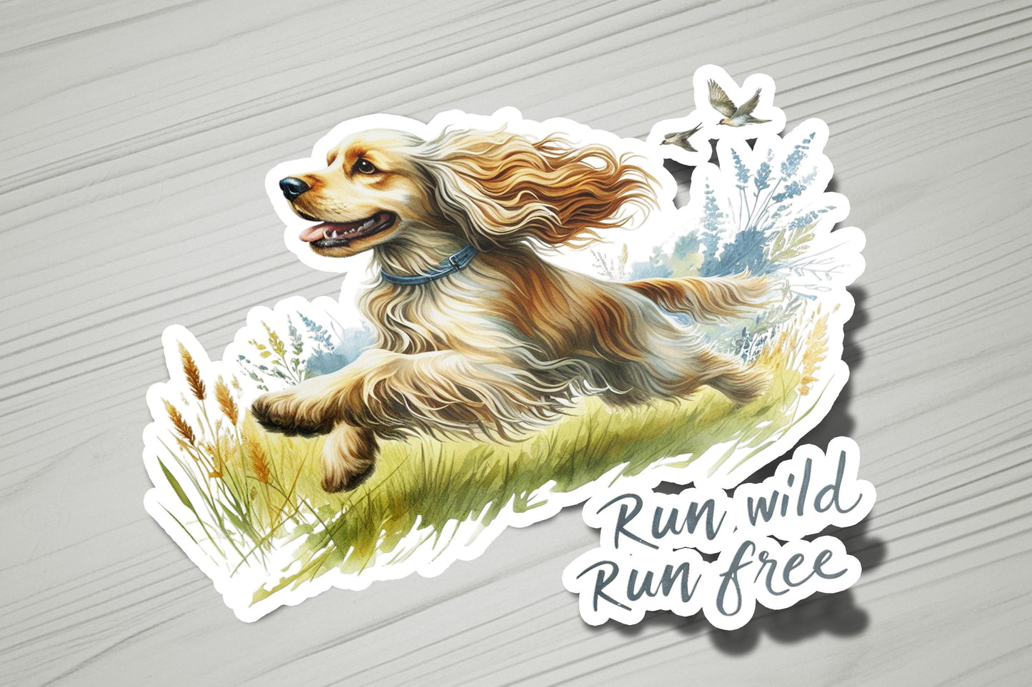 a sticker of a dog running in the grass