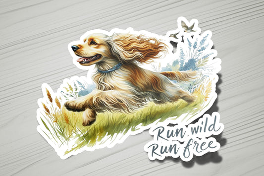 a sticker of a dog running in the grass