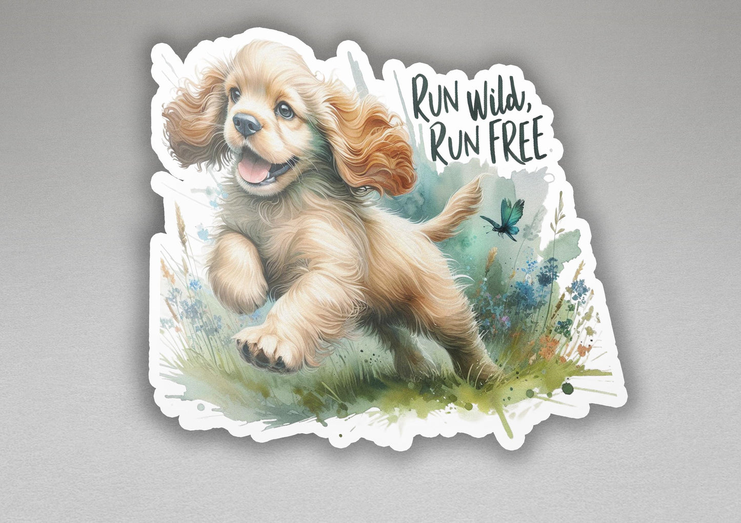 a sticker of a dog running with a butterfly