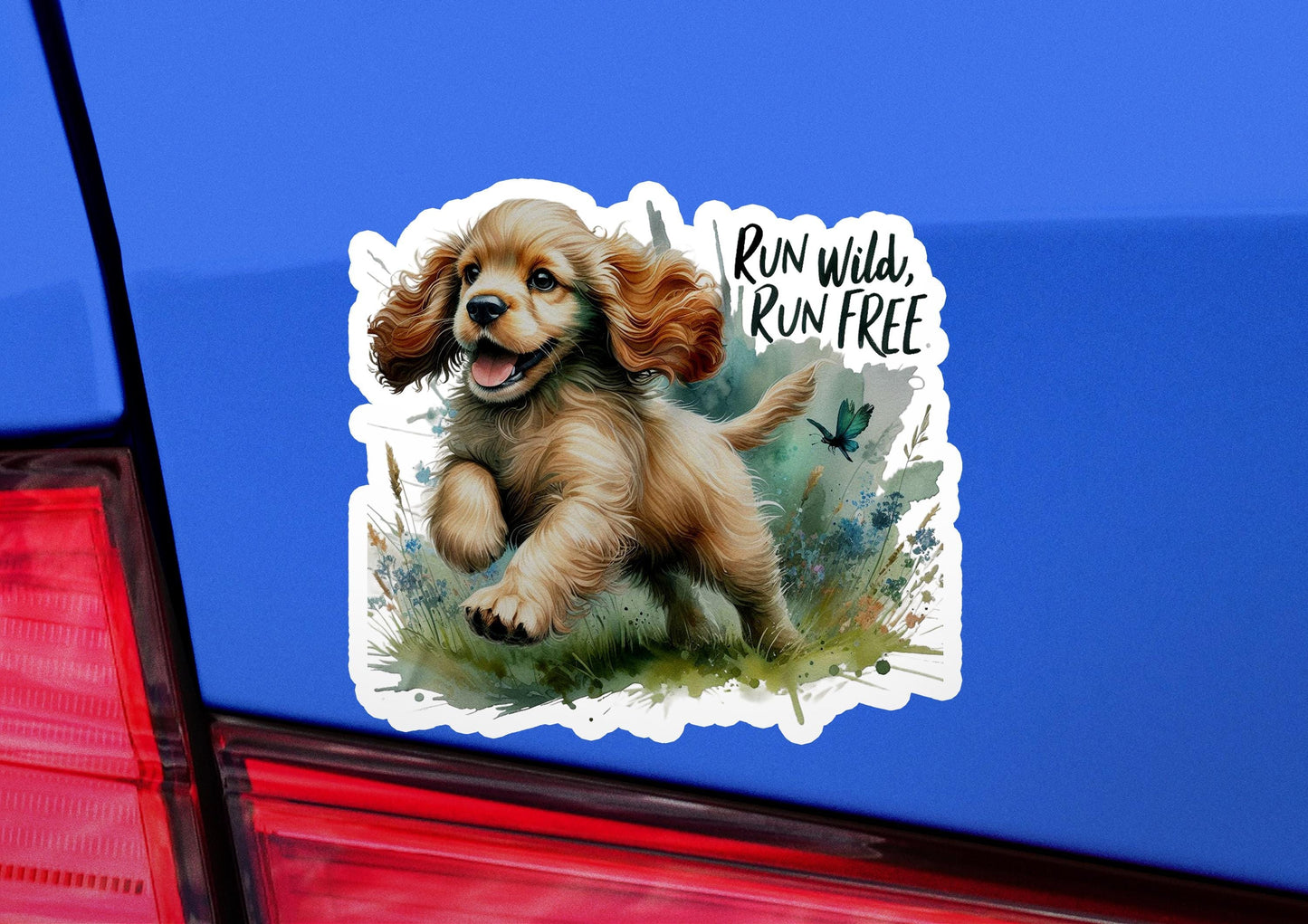 a sticker of a dog running on the grass