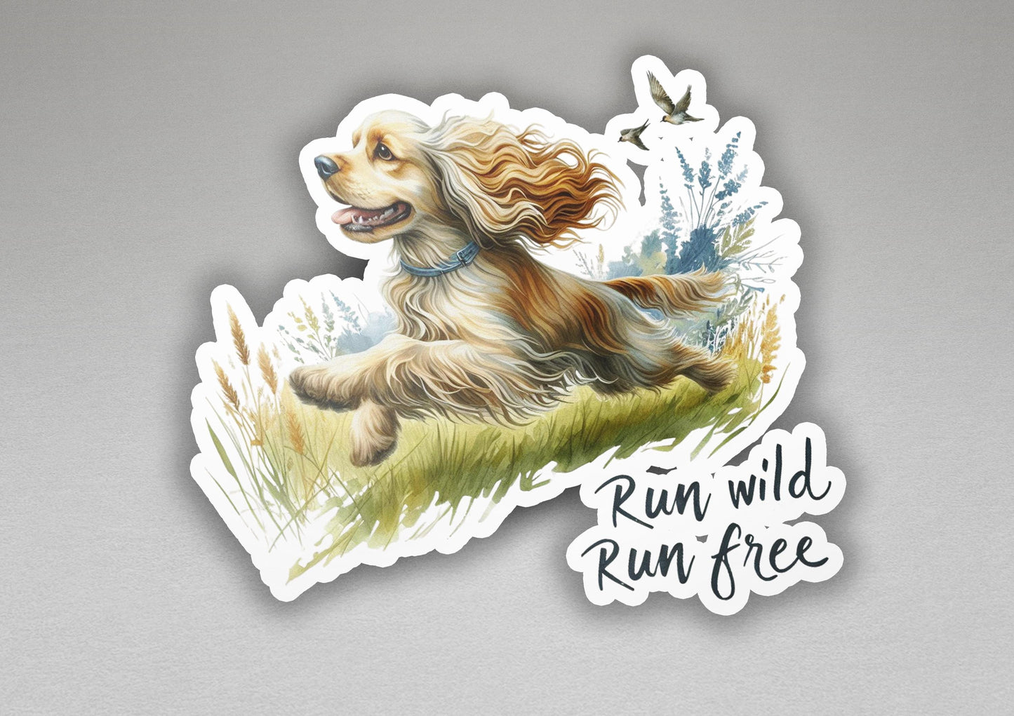 a sticker of a dog running in the grass