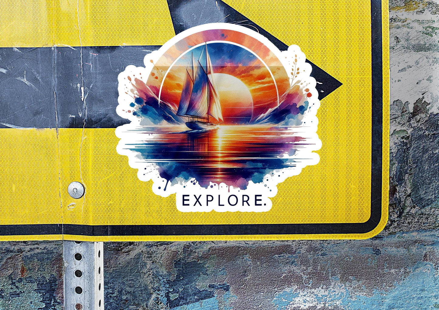 a yellow sign with a picture of a sailboat on it