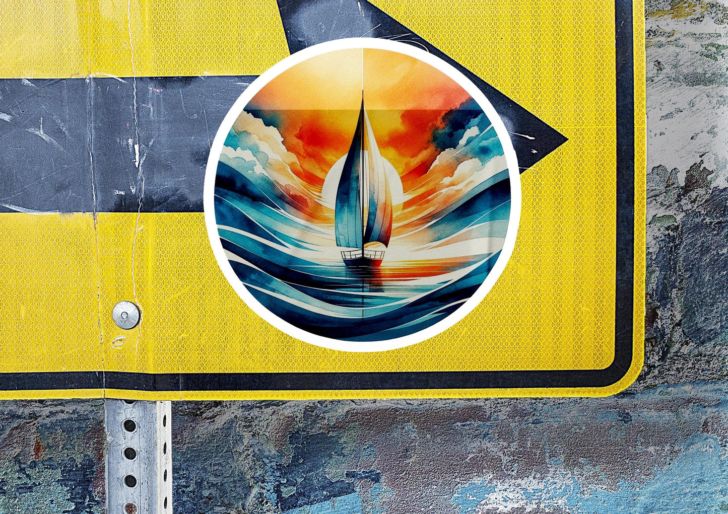 a yellow sign with a picture of a sailboat on it