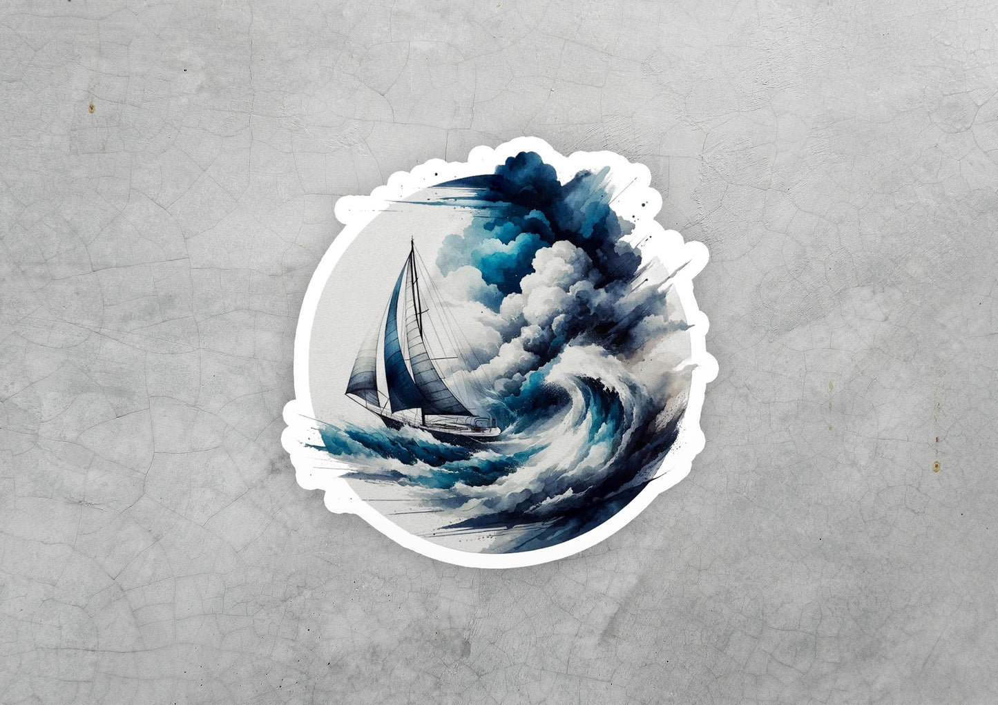 a sticker of a sailboat in a stormy ocean