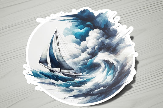 a sticker of a sailboat in a stormy ocean