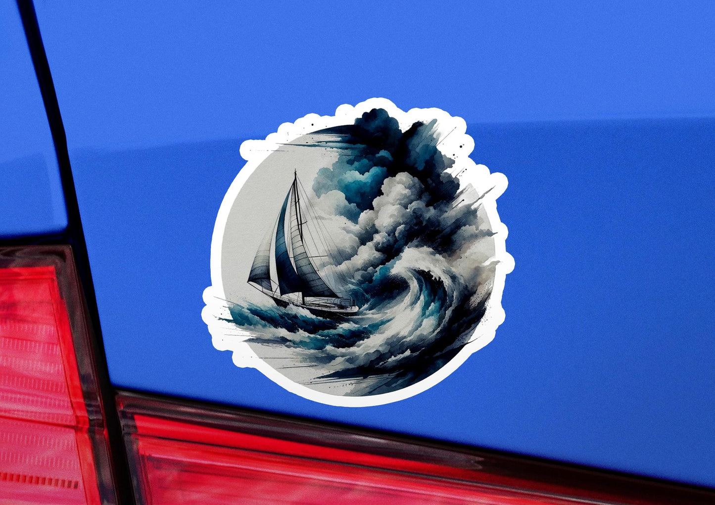 a car with a sticker of a boat in the ocean