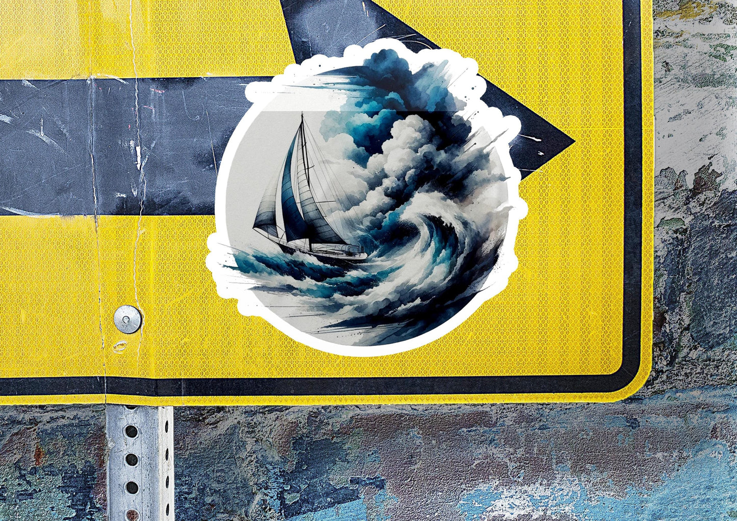a yellow and black sign with a boat in the middle of it