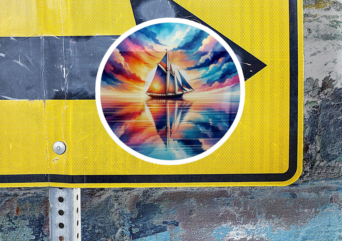 a yellow sign with a picture of a sailboat on it