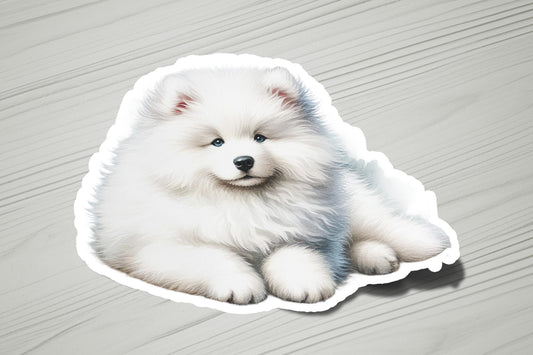 a sticker of a white dog sitting on a wooden floor