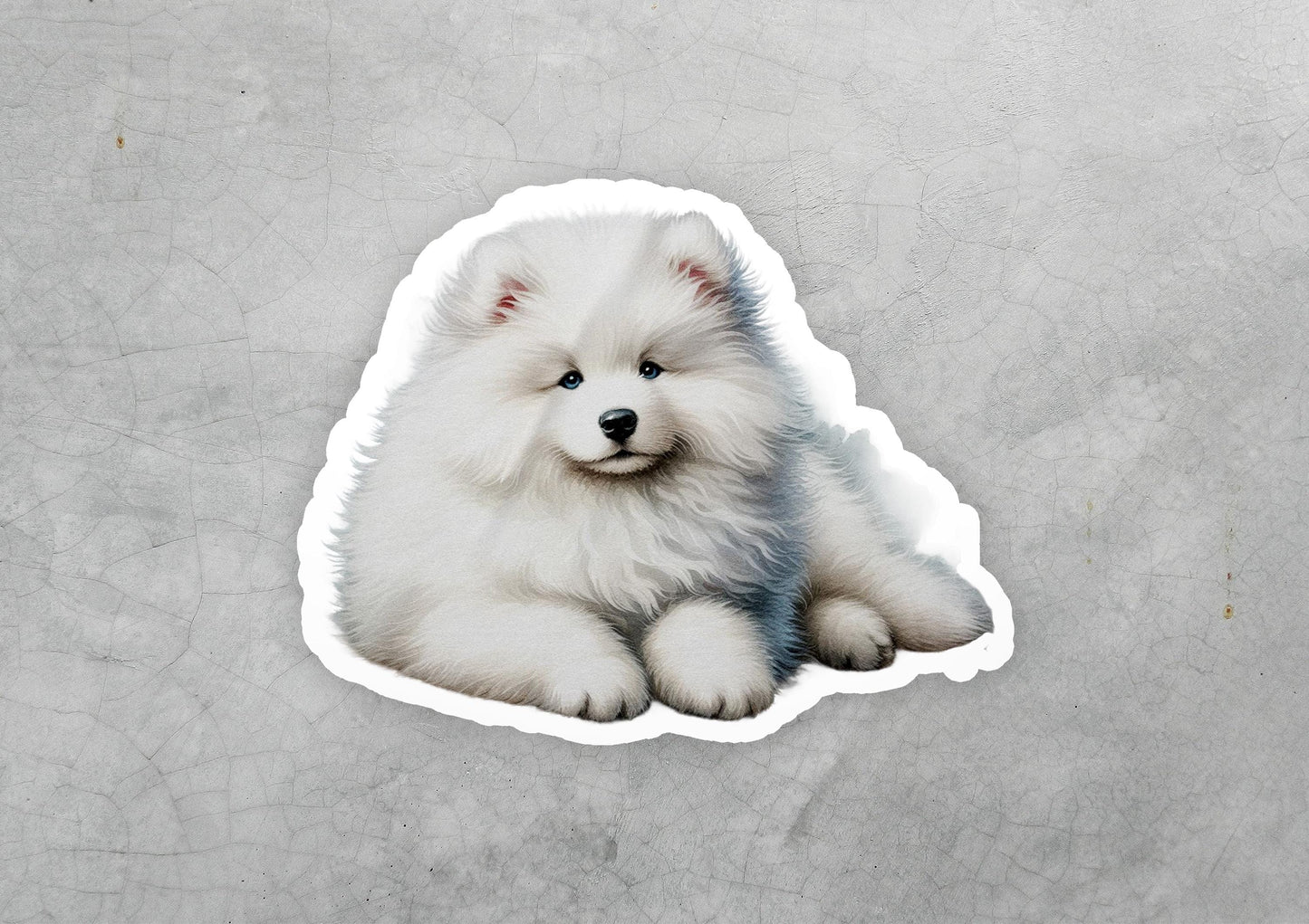 a sticker of a white puppy sitting on the ground