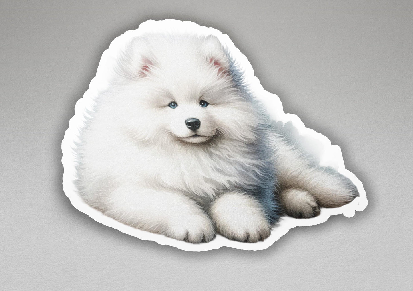 a sticker of a white dog with blue eyes