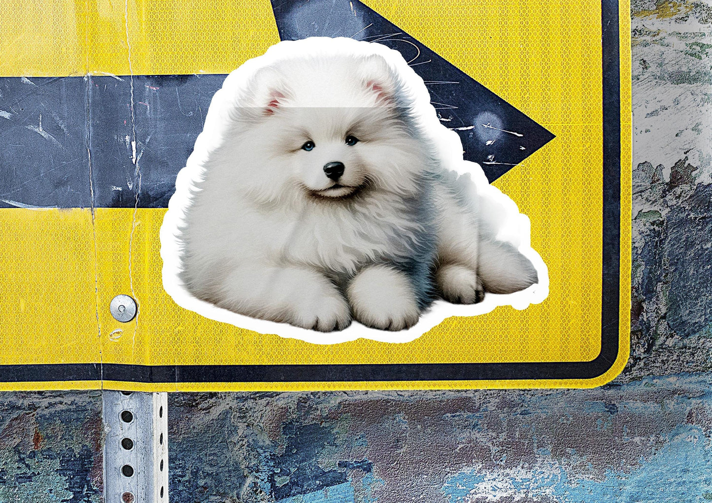 a sticker of a dog sitting on a street sign