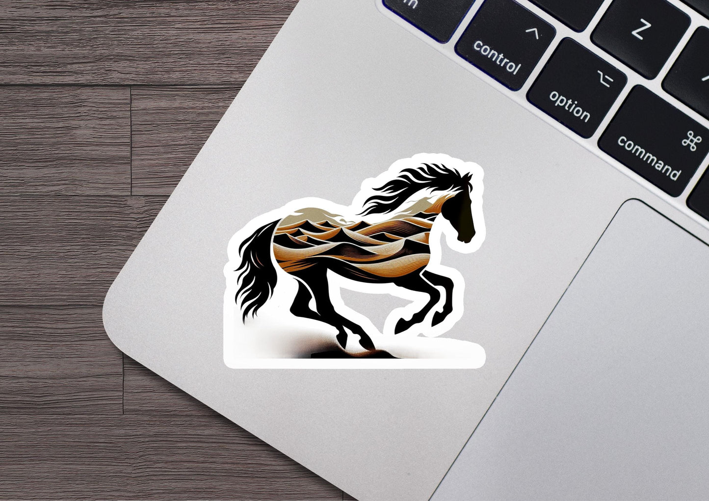 a sticker of a running horse on a laptop