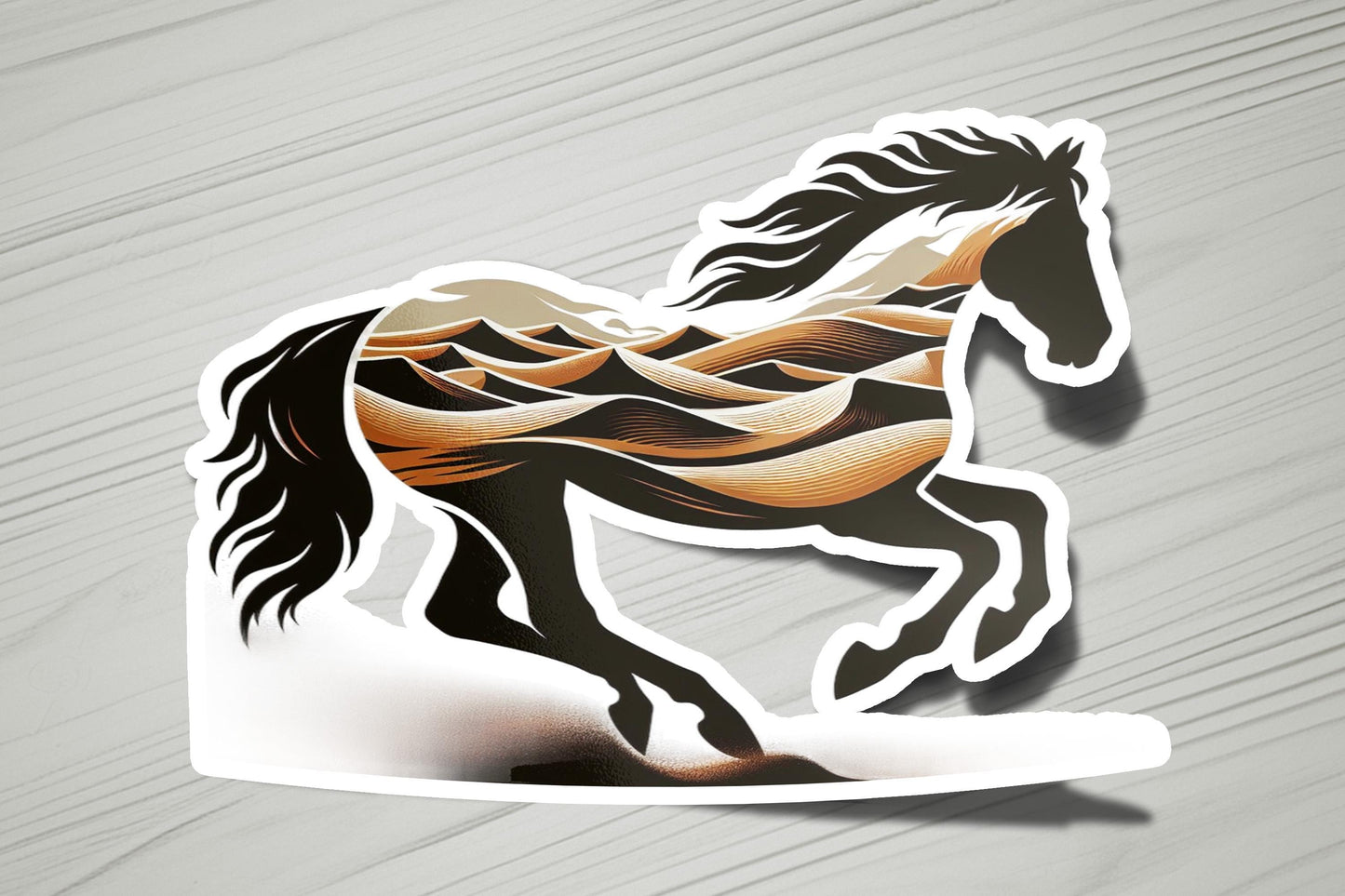 a sticker of a running horse on a wooden surface