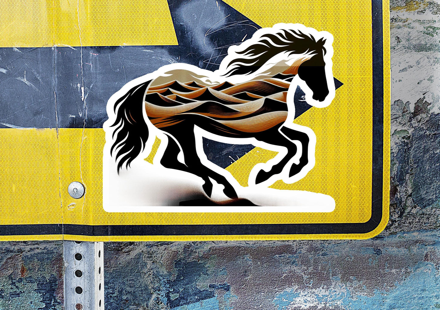 a sticker of a running horse on a yellow sign