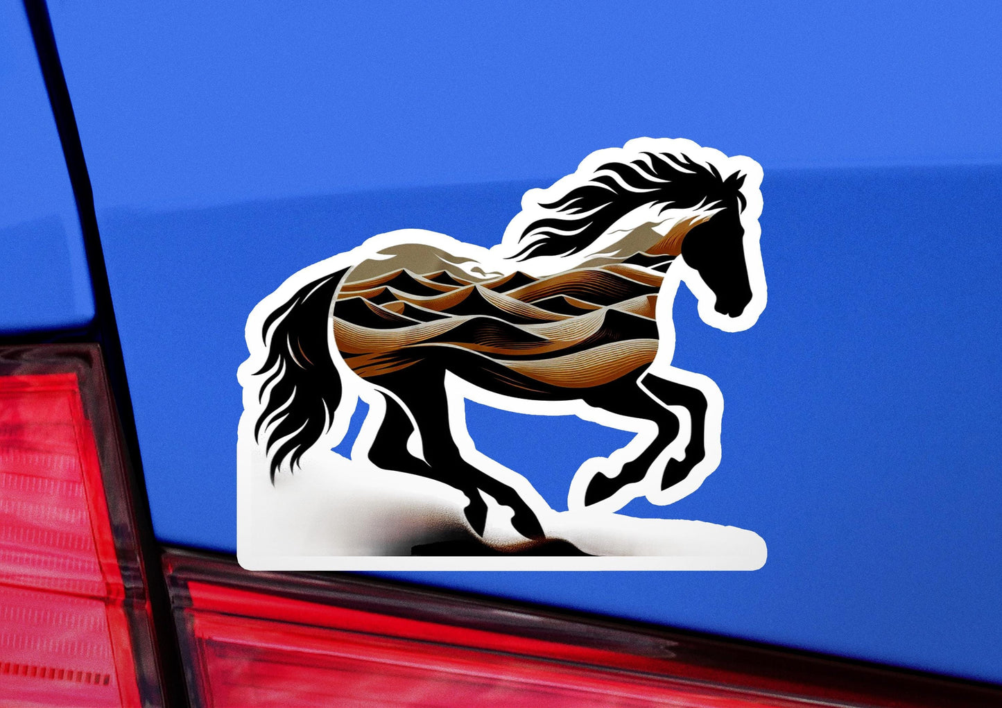a sticker of a horse on the back of a car