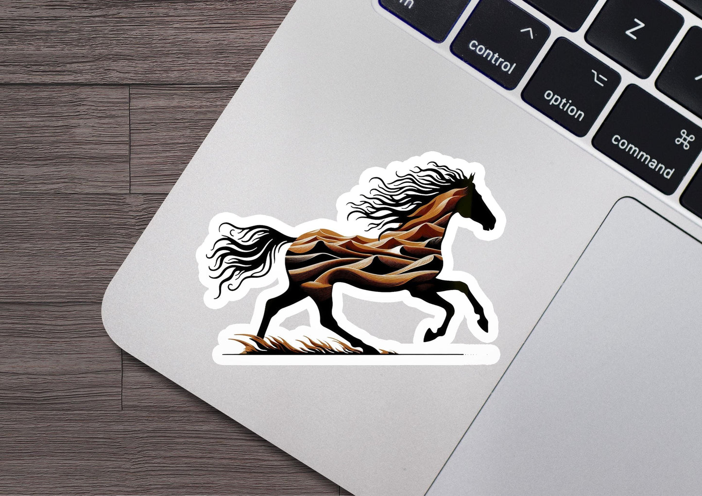 a sticker of a running horse on a laptop