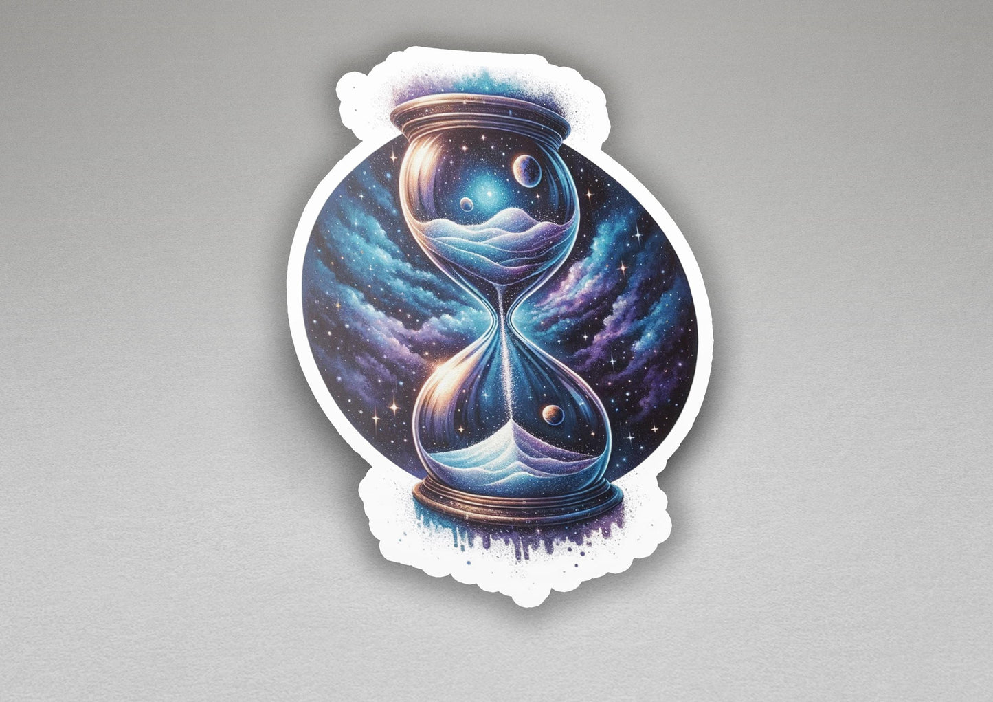 a sticker of an hourglass with stars in the background
