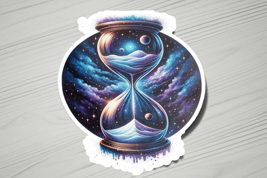 a sticker with a picture of an hourglass