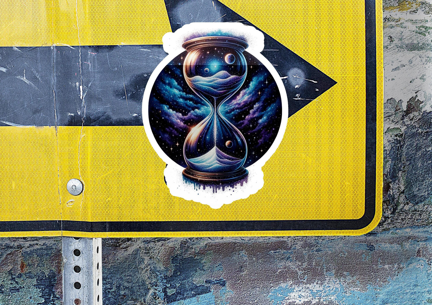 a yellow sign with a picture of an hourglass on it