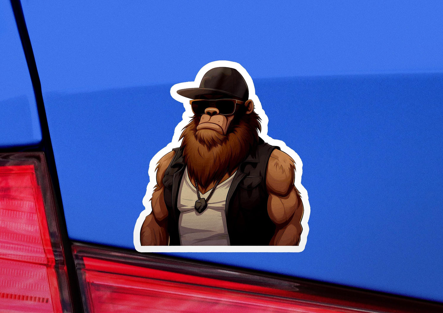 a sticker of a gorilla wearing a hat and vest
