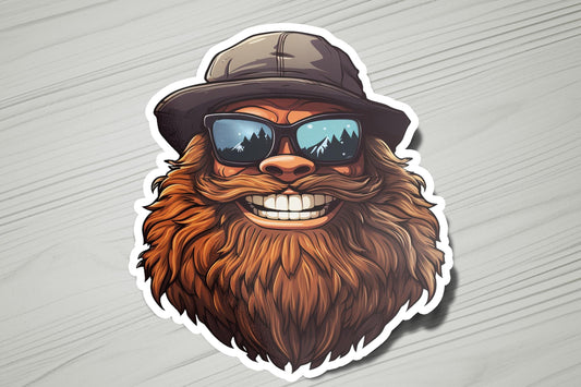 a sticker of a bearded man wearing sunglasses and a hat