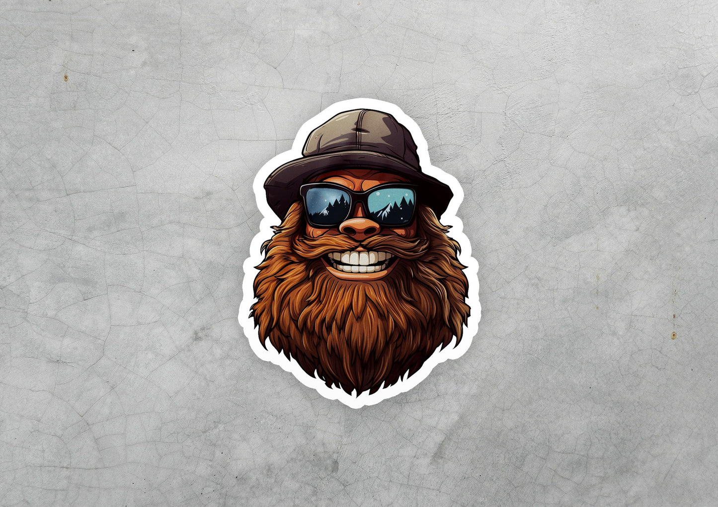 a sticker of a bearded man wearing sunglasses and a hat