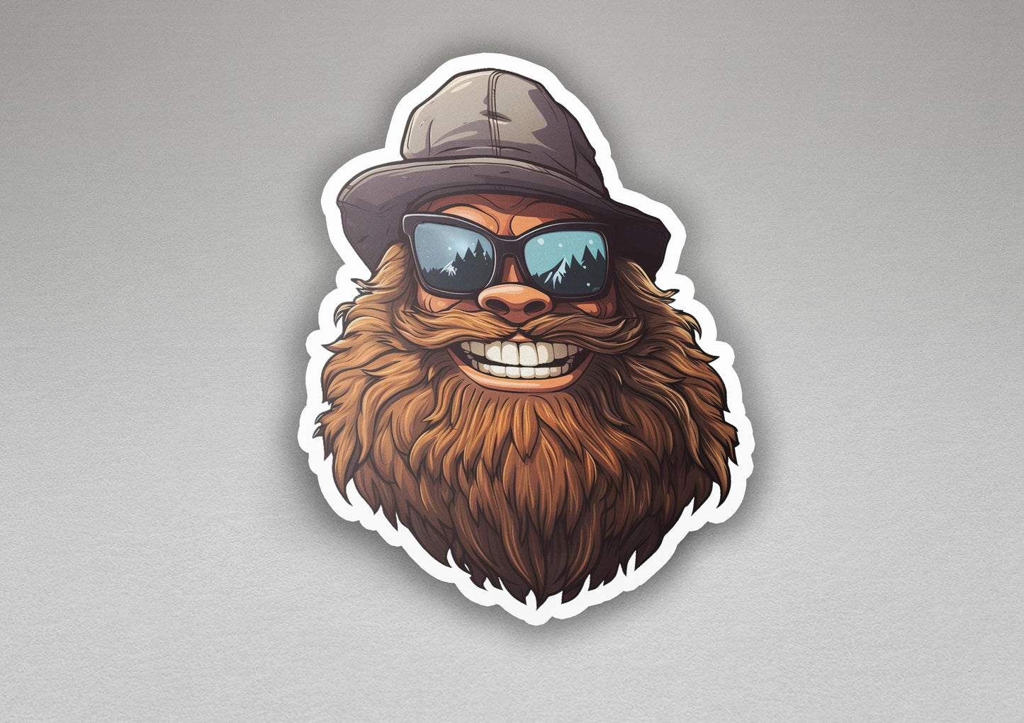 a sticker of a bearded man wearing sunglasses and a hat
