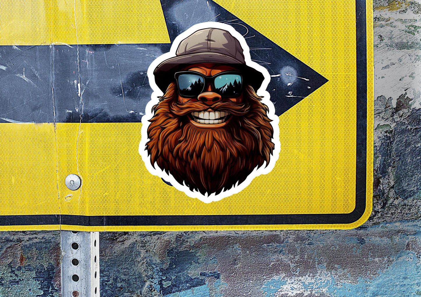 a street sign with a sticker of a bearded man