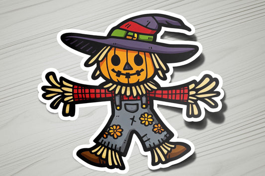 a sticker of a scarecrow wearing a witches hat