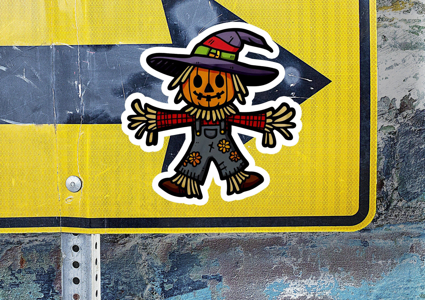 a sticker of a scarecrow wearing a witches hat
