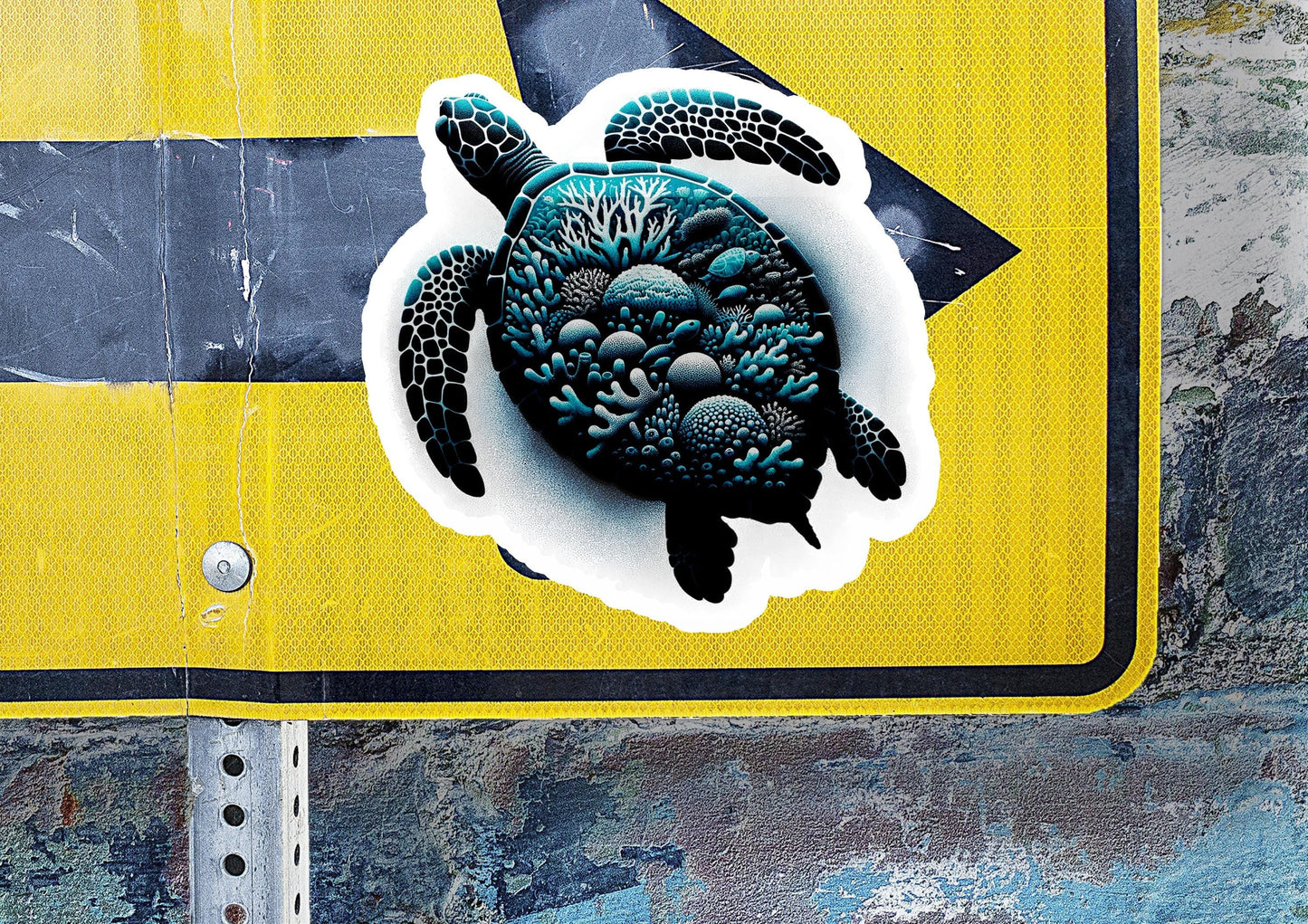 a close up of a street sign with a turtle sticker on it