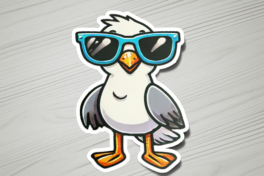 a sticker with a bird wearing sunglasses