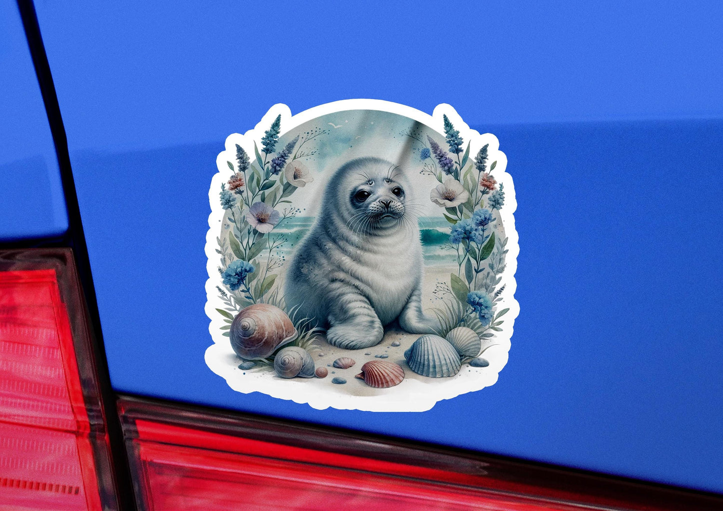 a sticker of a seal on the back of a car